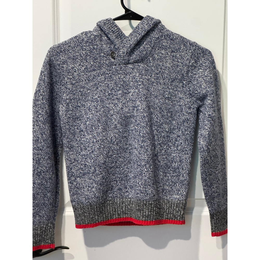 Boys GapKids Blue Marled Knit Hooded Sweater L with Red Trim